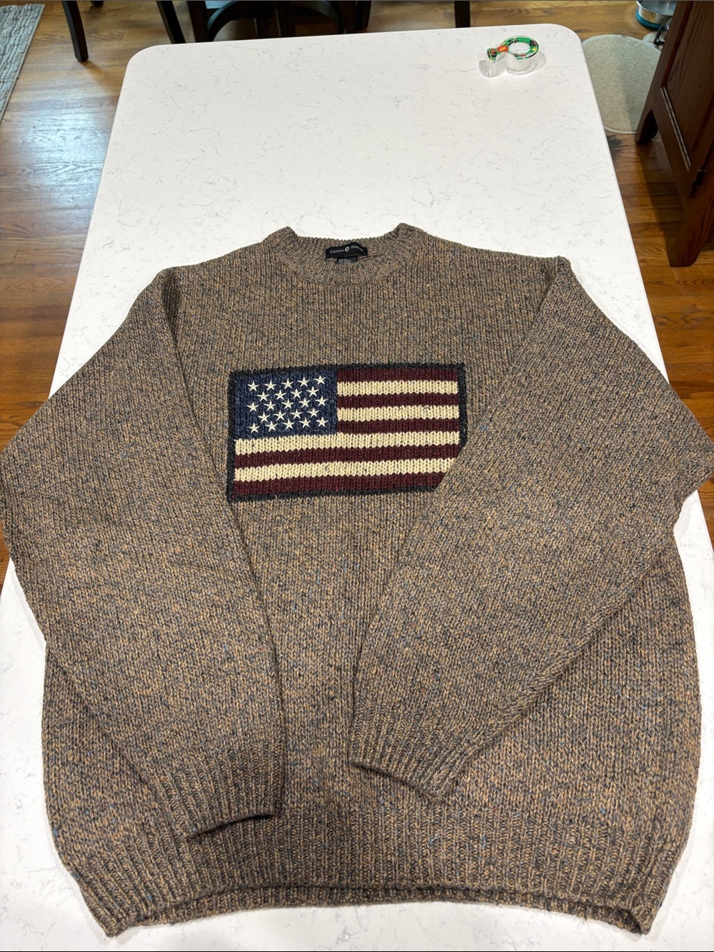 Men's Heathered Brown Crewneck Sweater with Flag Patch